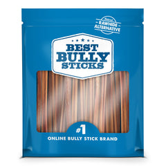 Best Bully Sticks 6-inch Thin Sticks close-up shows long-lasting natural chew for small dogs.
