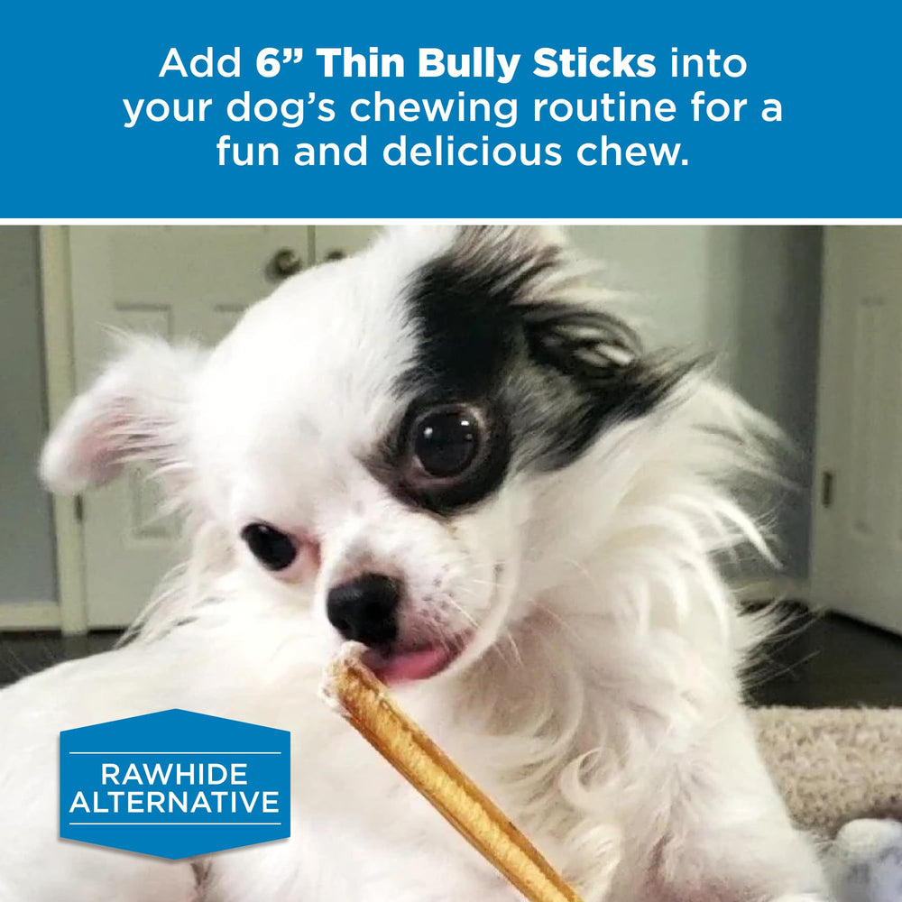Best Bully Sticks 6-inch Thin Sticks packaging shot highlights natural scent and quality.