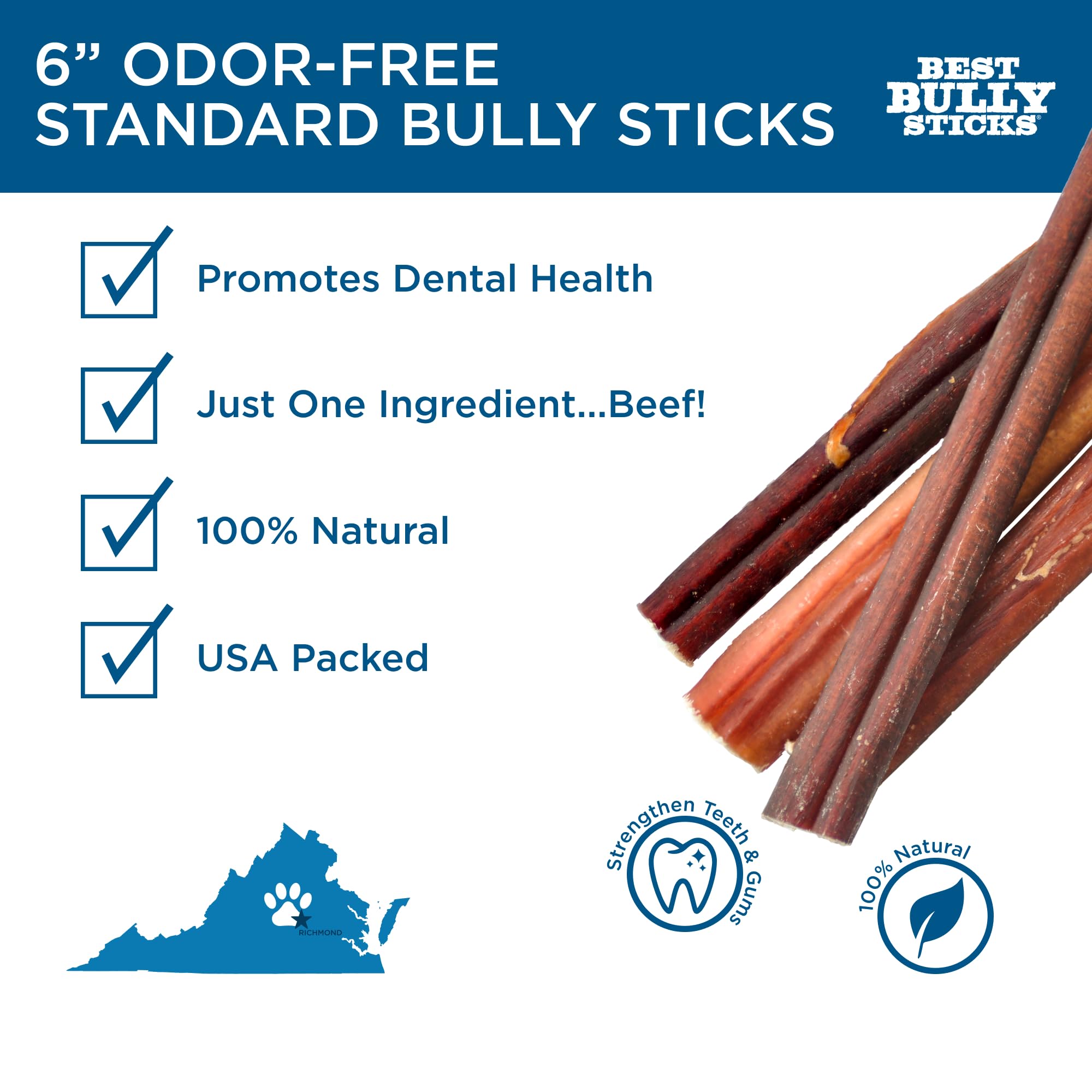 Best Bully Sticks 6 Inch Odor-Free close-up chew texture highlighting protein-rich beef.