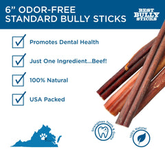 Best Bully Sticks 6 Inch Odor-Free close-up chew texture highlighting protein-rich beef.