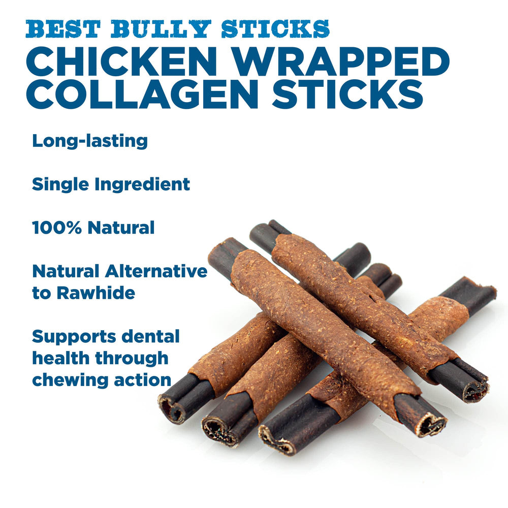 Best Bully Sticks chicken-wrapped collagen stick close-up highlights natural ingredients and texture for chewing pleasure.