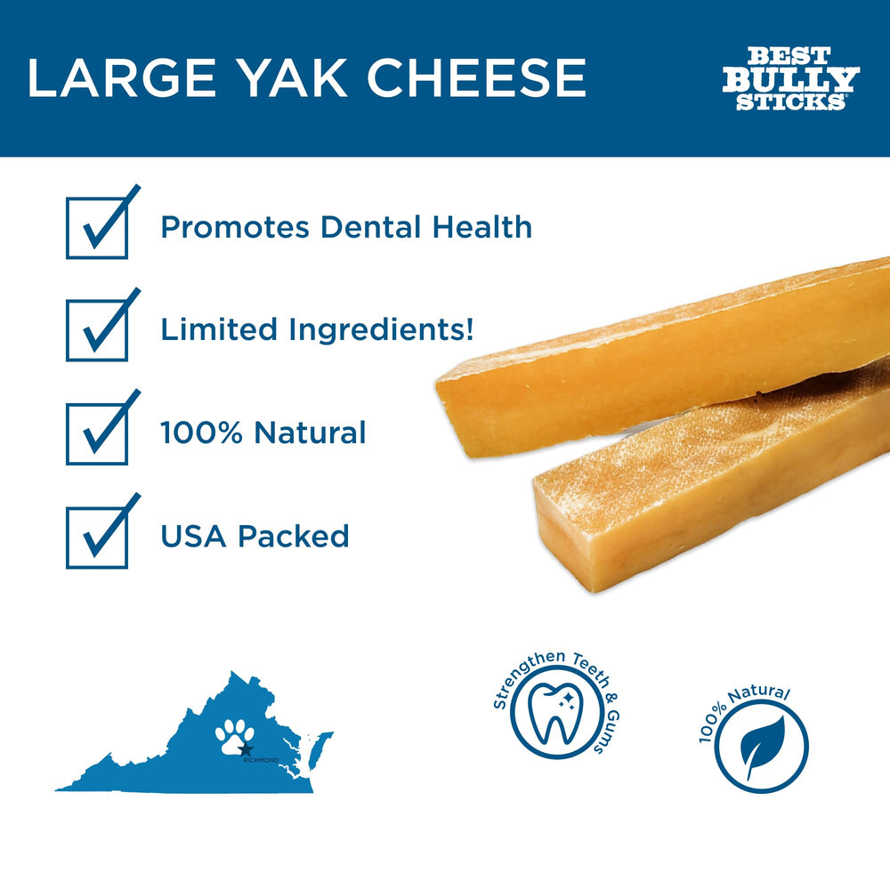 Best Bully Sticks Himalayan Yak Cheese large pack on table demonstrates a durable, long-lasting reward