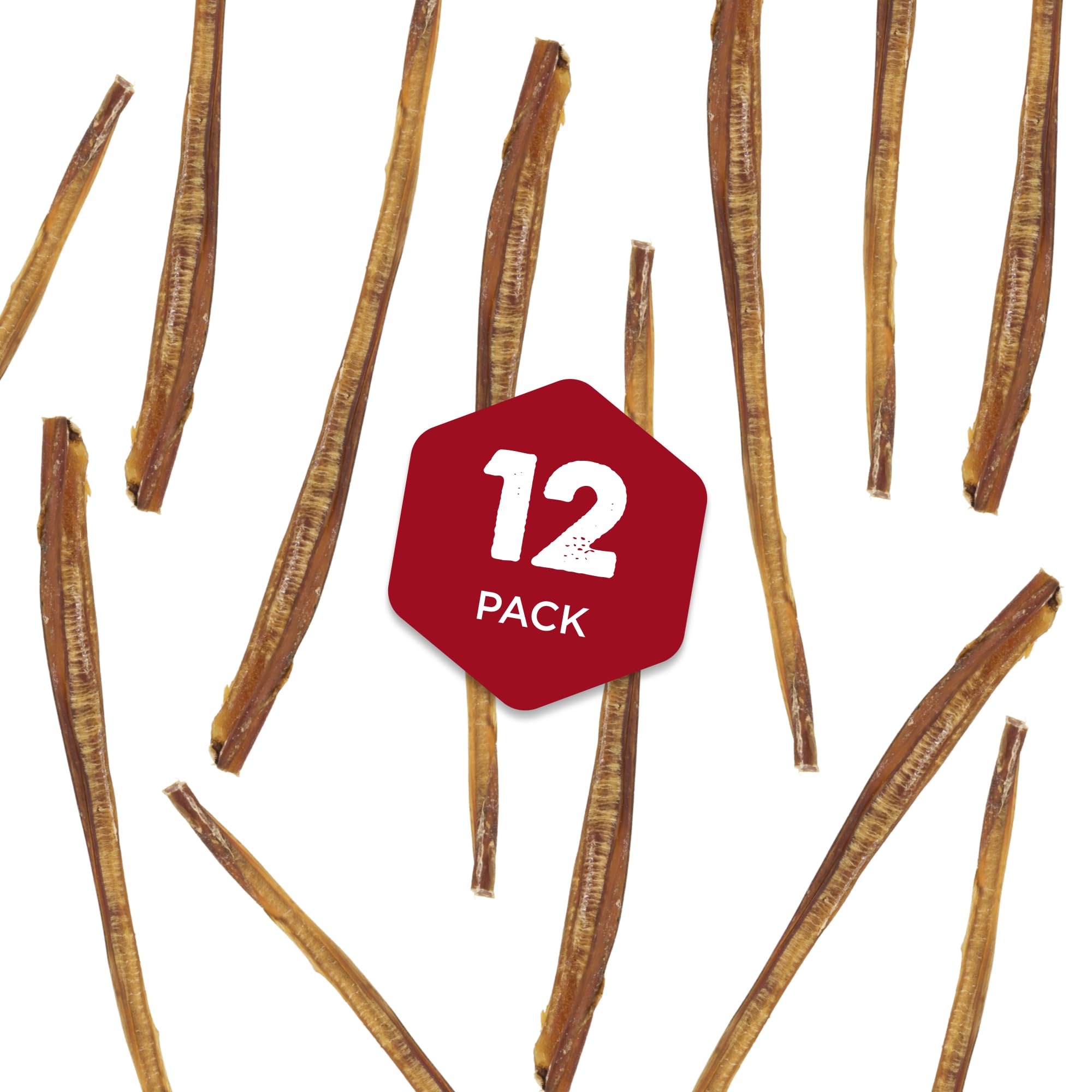Best Bully Sticks 12-inch chew shown with a grain-free label, odor-free dog treat for large breeds.