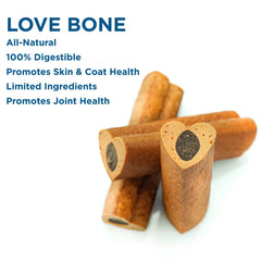 Best Bully Sticks Love Bones chicken chew texture image highlighting protein-rich treat for dogs.