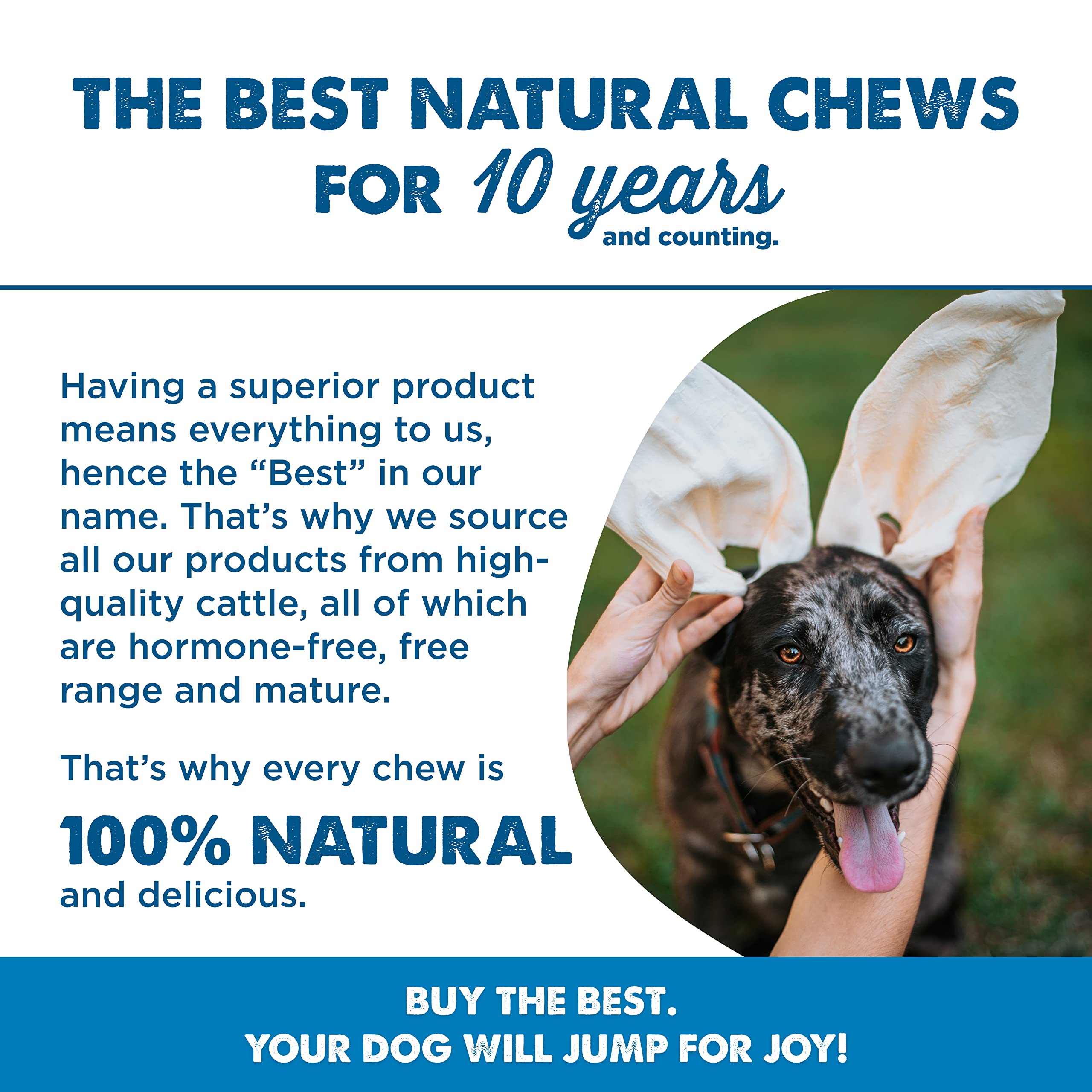 Best Bully Sticks thick-cut cow ears for large dogs, sturdy chew option.