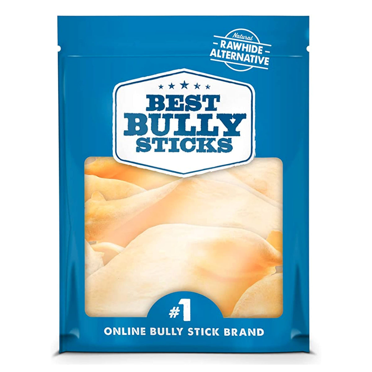 Best Bully Sticks thick-cut cow ears package view, natural grass-fed protein for dogs.