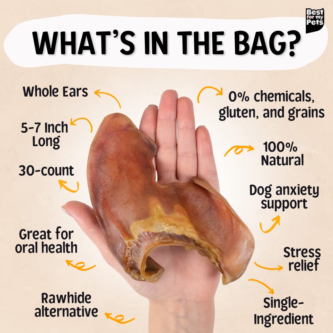 Best For My Pets pig ears pack showing bulk 30-pack for dogs, convenient long-lasting chew.