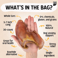 Best For My Pets pig ears pack showing bulk 30-pack for dogs, convenient long-lasting chew.