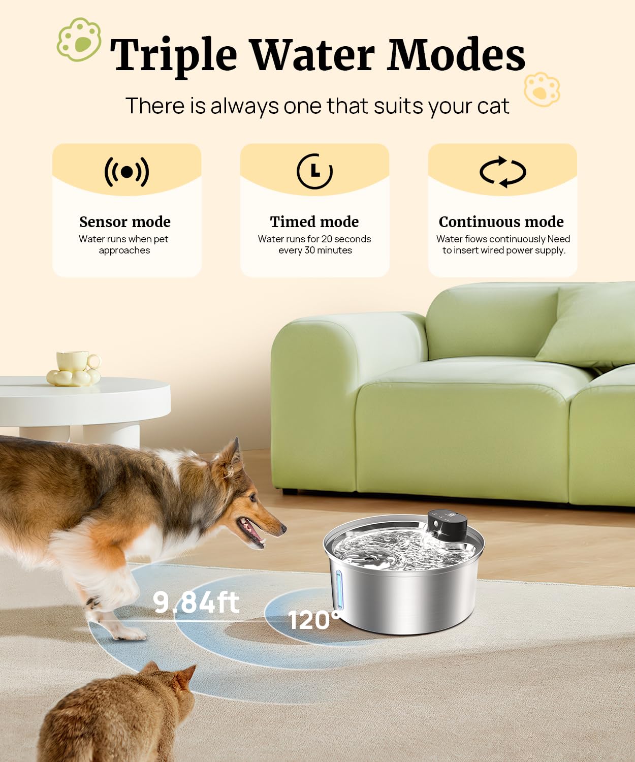 BEST JAJA cordless water fountain with 6000mAh battery enables flexible placement.