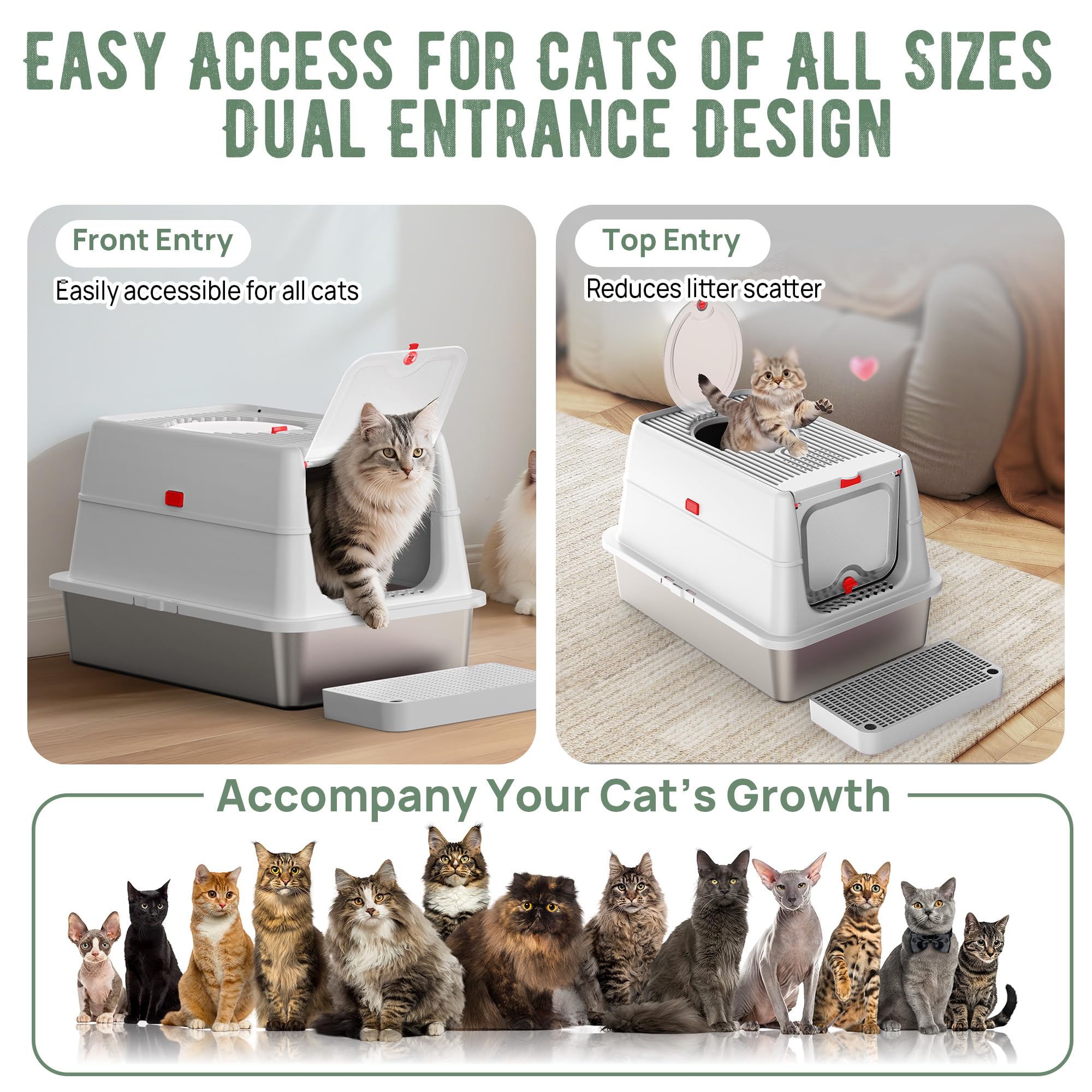 BEST JAJA stainless steel cat litter box 3-in-1 shows versatile open semi enclosed and enclosed modes