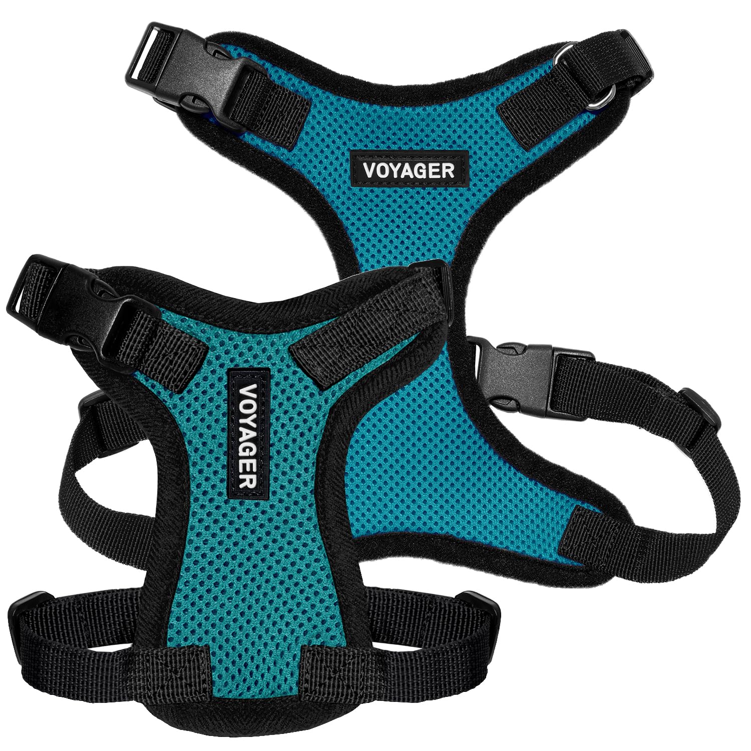 Best Pet Supplies Voyager turquoise and black trim harness in a ready-to-walk pose.