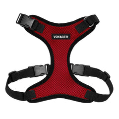 Best Pet Supplies Voyager Step-in Harness red close-up shows secure buckle and breathable mesh.
