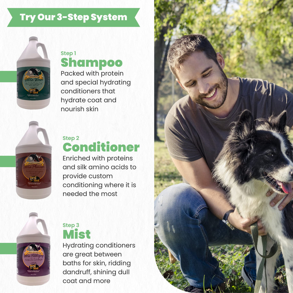 Best Shot Pet Ultra Vitalizing Mist packaging highlights 1 gallon size for routine grooming.