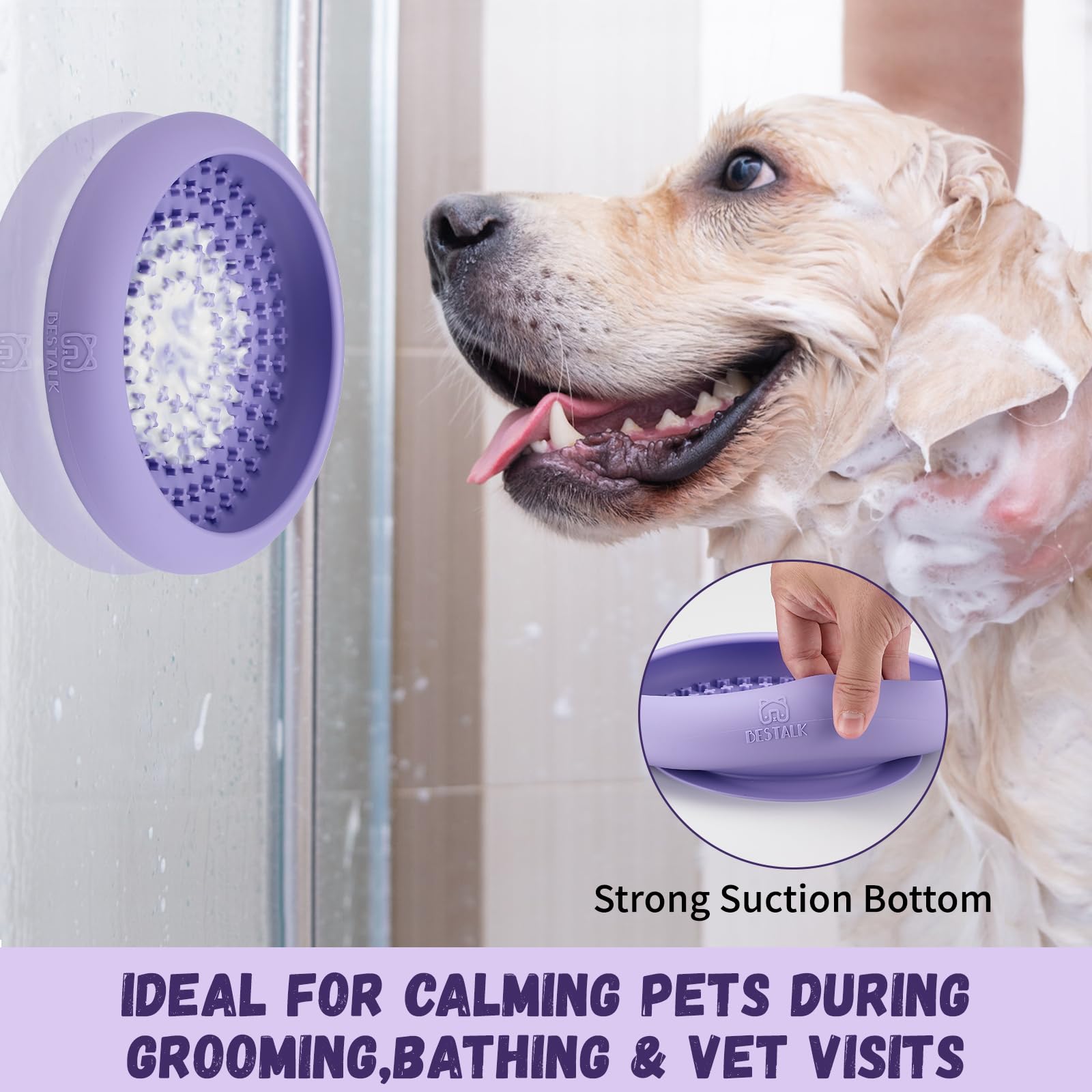 Bestalk dog lick bowl side view shows suction cups for secure horizontal or vertical use