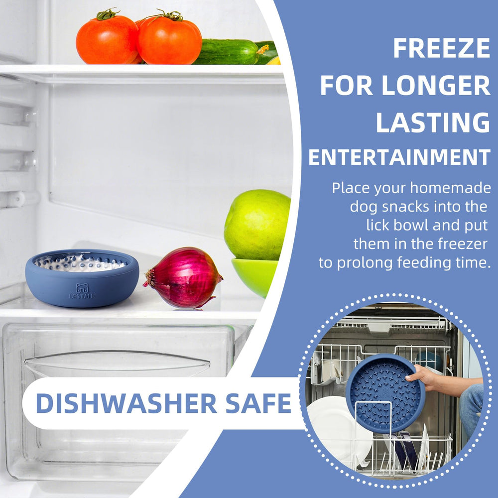 Bestalk freeze-treat-ready bowl with dog enjoying frozen treats.