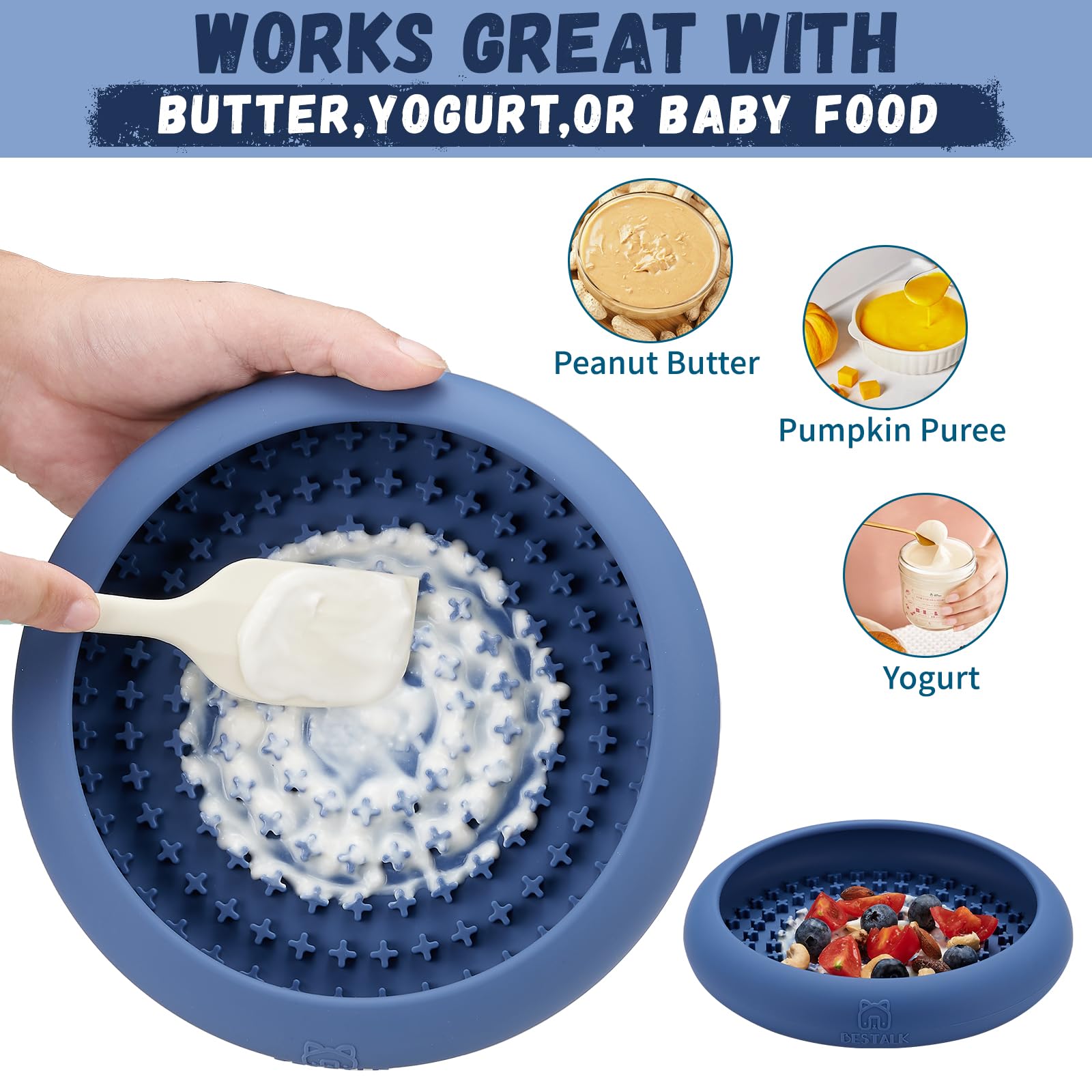 Bestalk silicone lick bowl close-up, BPA-free and dishwasher-safe.