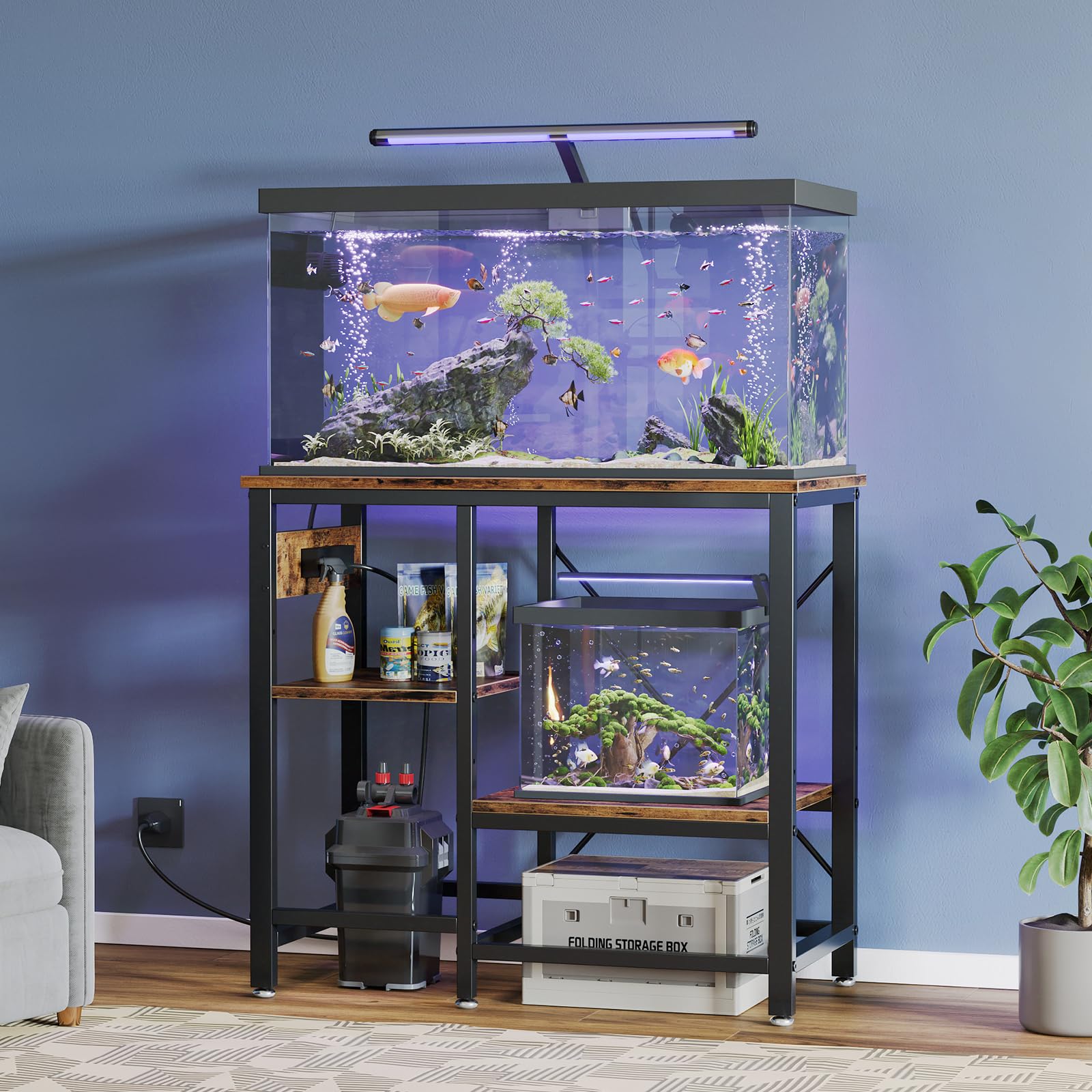 Bestier 20-29-30 gallon tank stand dual-side assembly demonstrates flexible outlet layout.