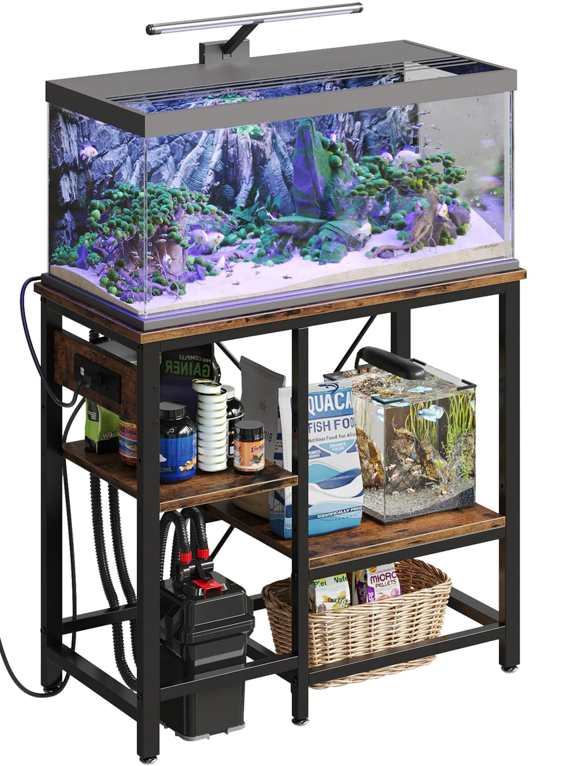 Bestier 30x13 metal aquarium stand front view shows sturdy build and integrated power outlets.