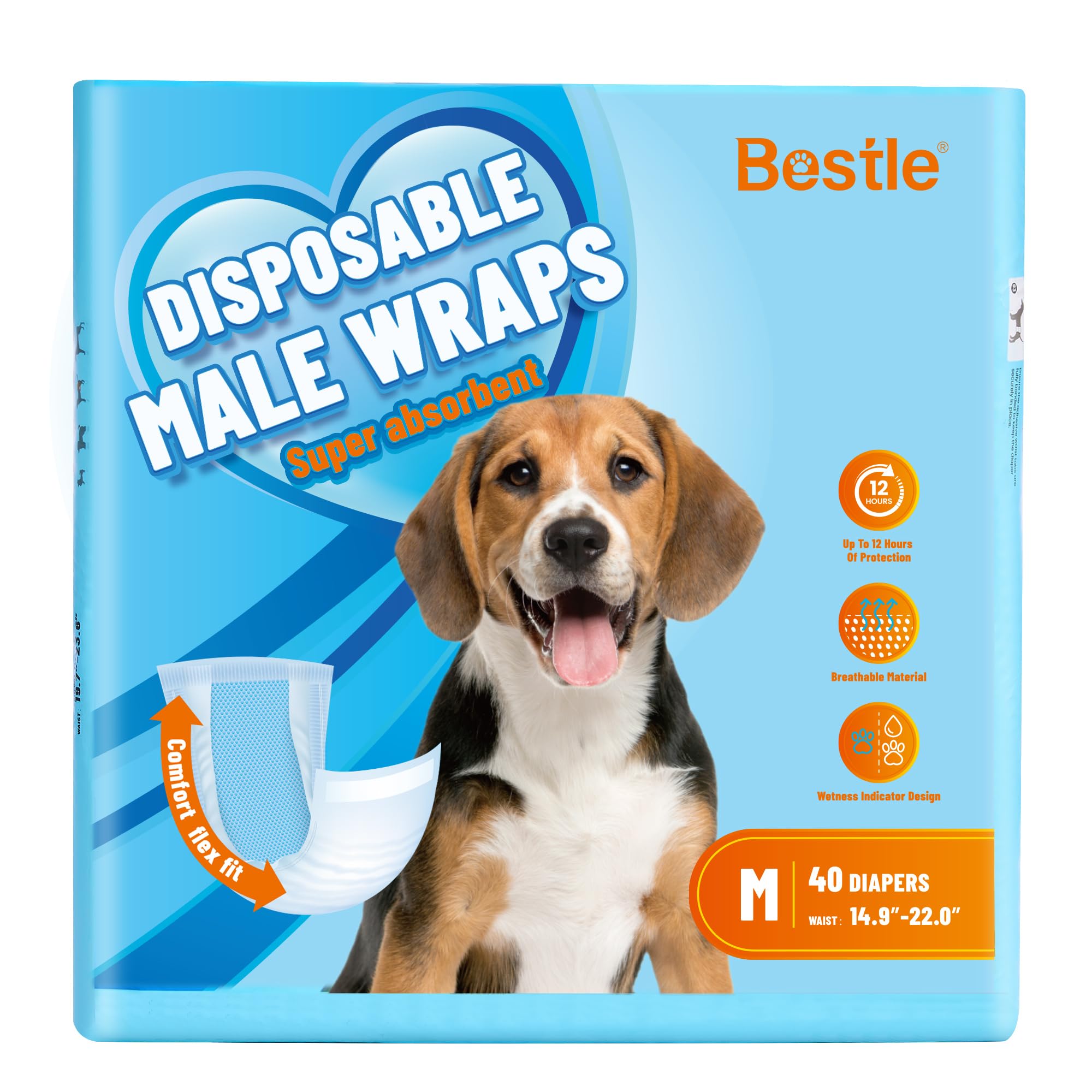 Bestle male dog wrap packaging demonstrates easy, quick changes for on-the-go care.