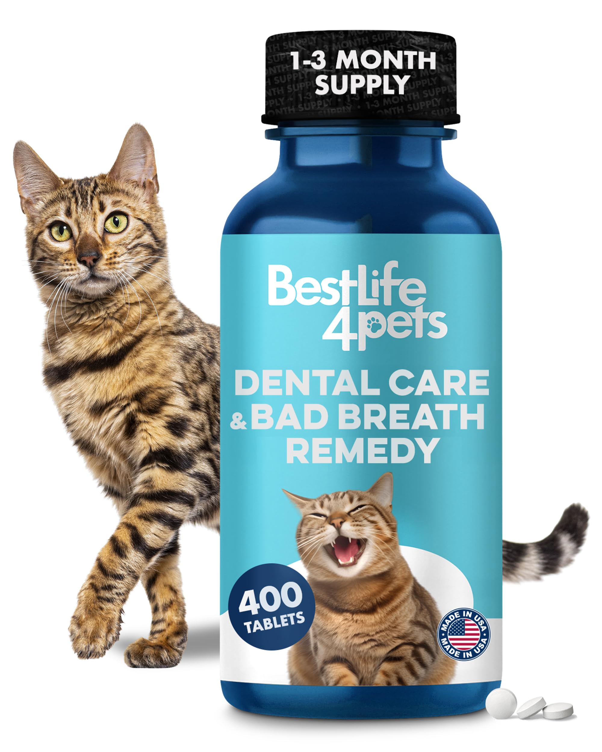 BestLife4Pets cat dental supplement bottle for easy daily care supporting gum health.