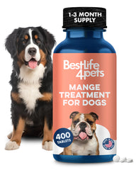 BestLife4Pets dog mange-support bottle pills on display for easy administration and skin support.
