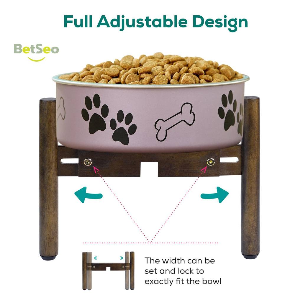 BETSEO dog bowl stand adjustable width demonstrates compatibility with different bowls.