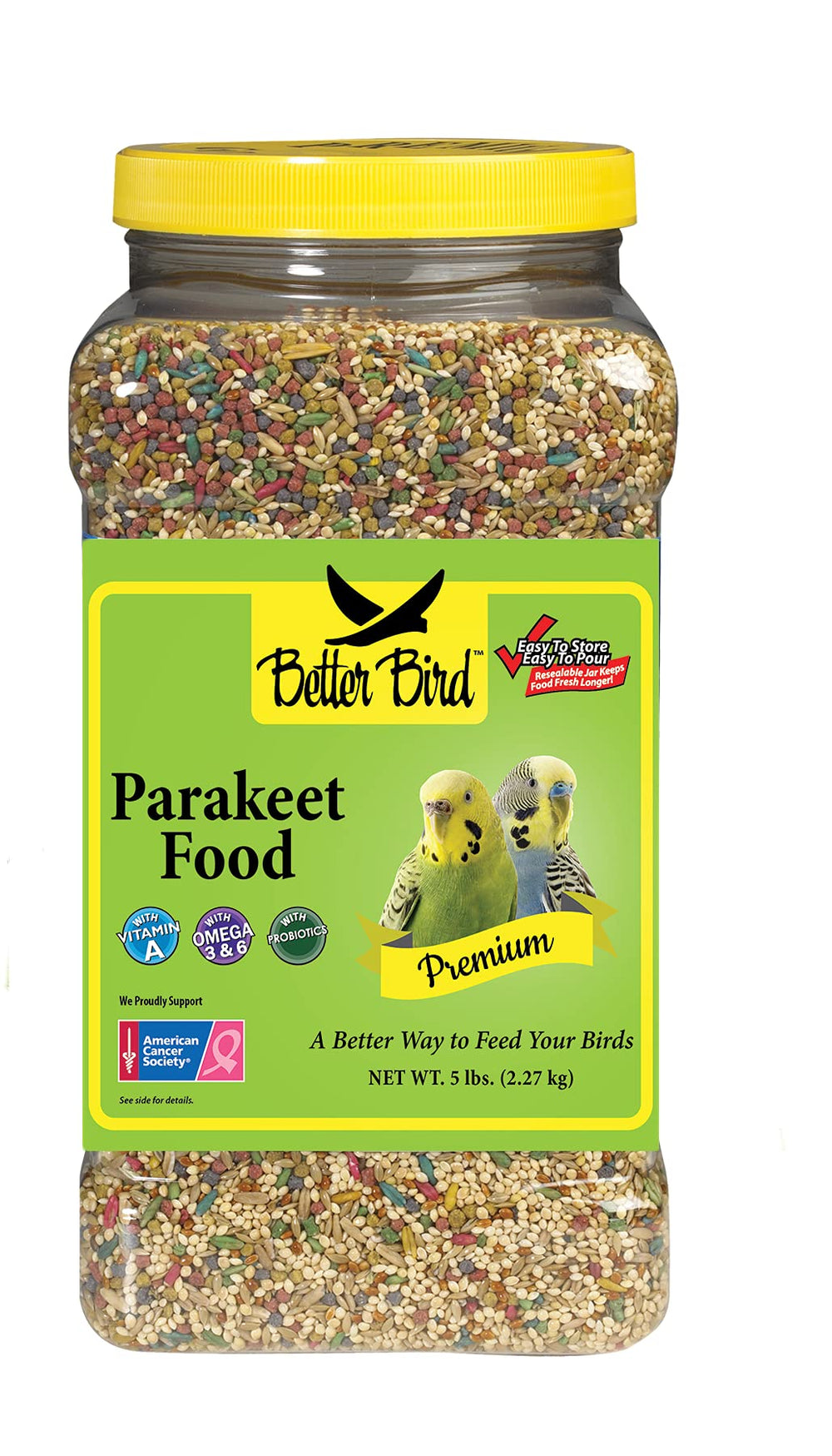 Better Bird Premium Parakeet Food jar front view for easy daily feeding.
