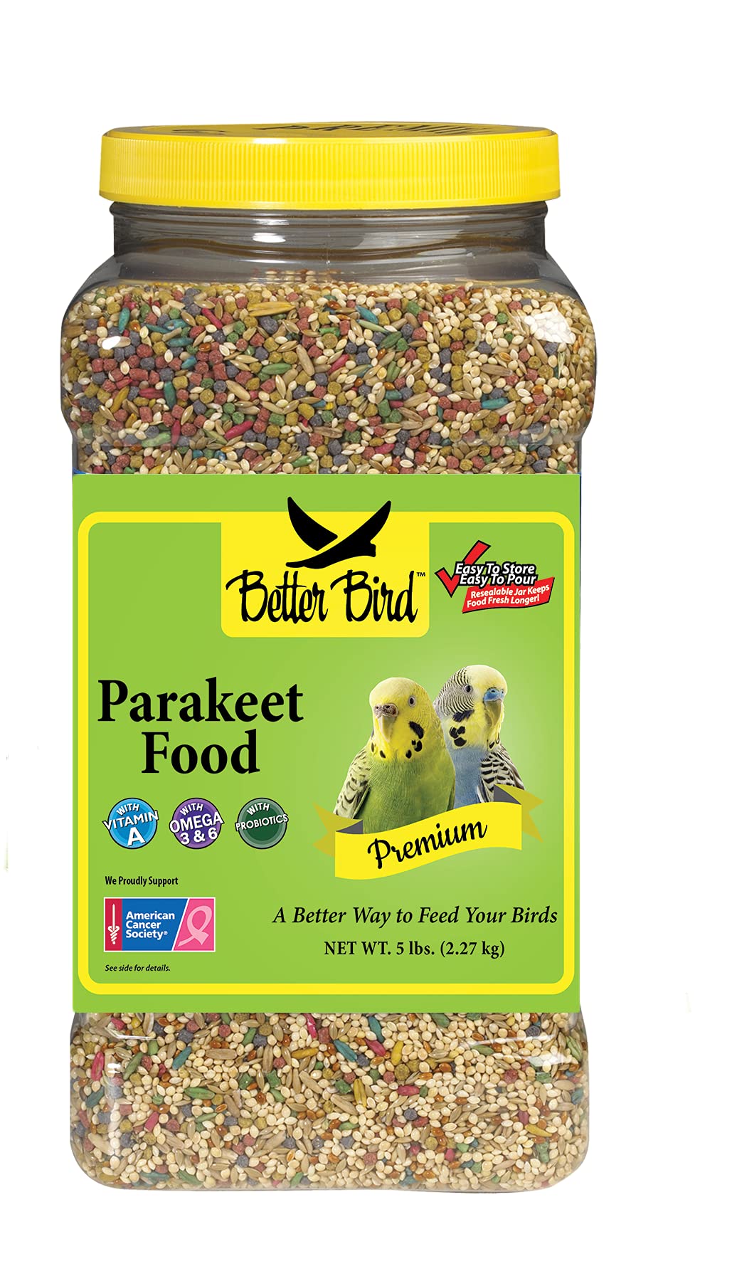 Better Bird Premium Parakeet Food jar front view for easy daily feeding.
