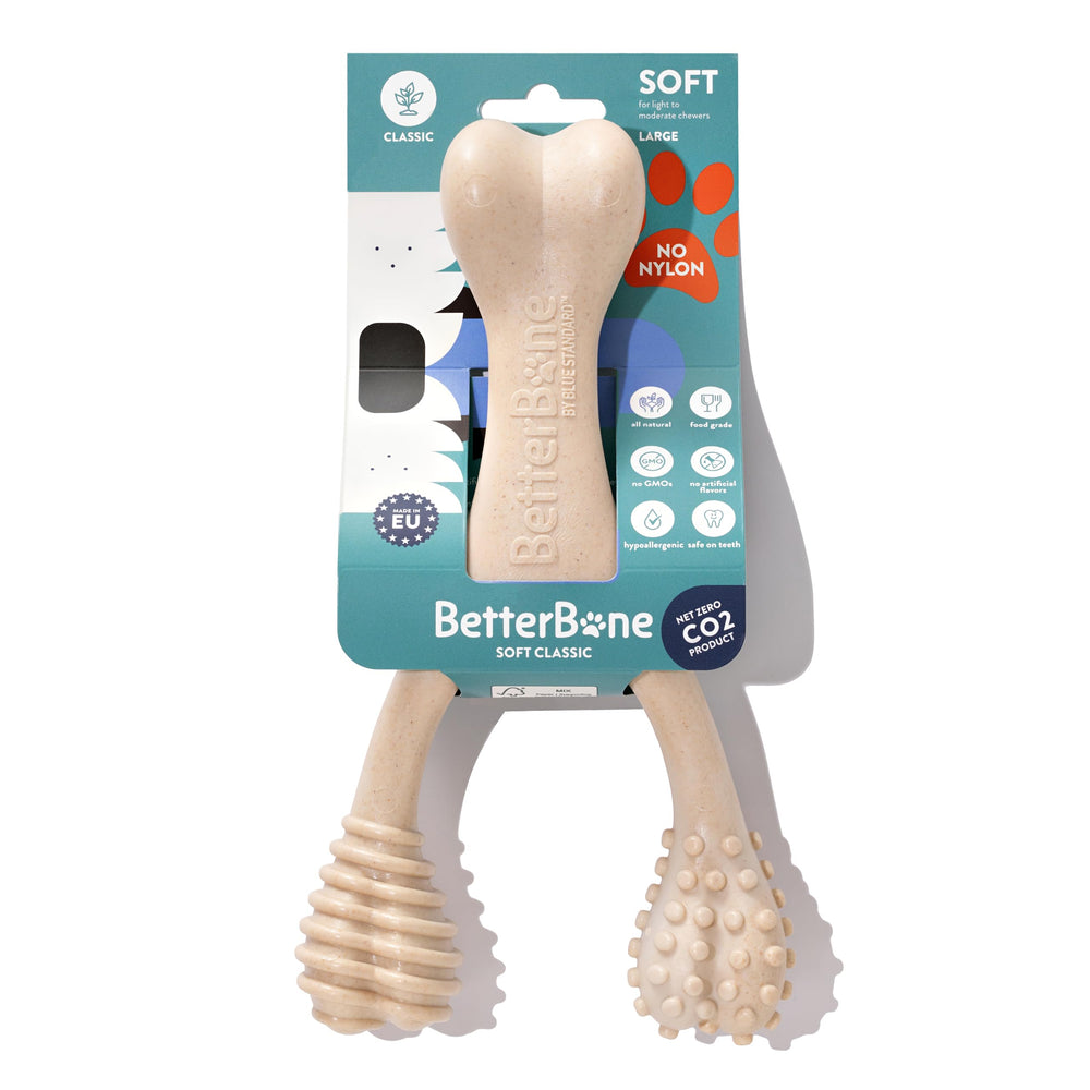 BetterBone Soft Density teething-puppy demonstrates gentle chew support for teething relief.