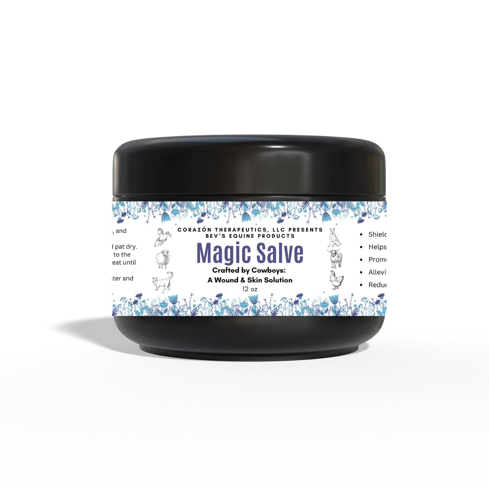 Bev's Magic Salve bottle closeup demonstrates wound protection and soothing care