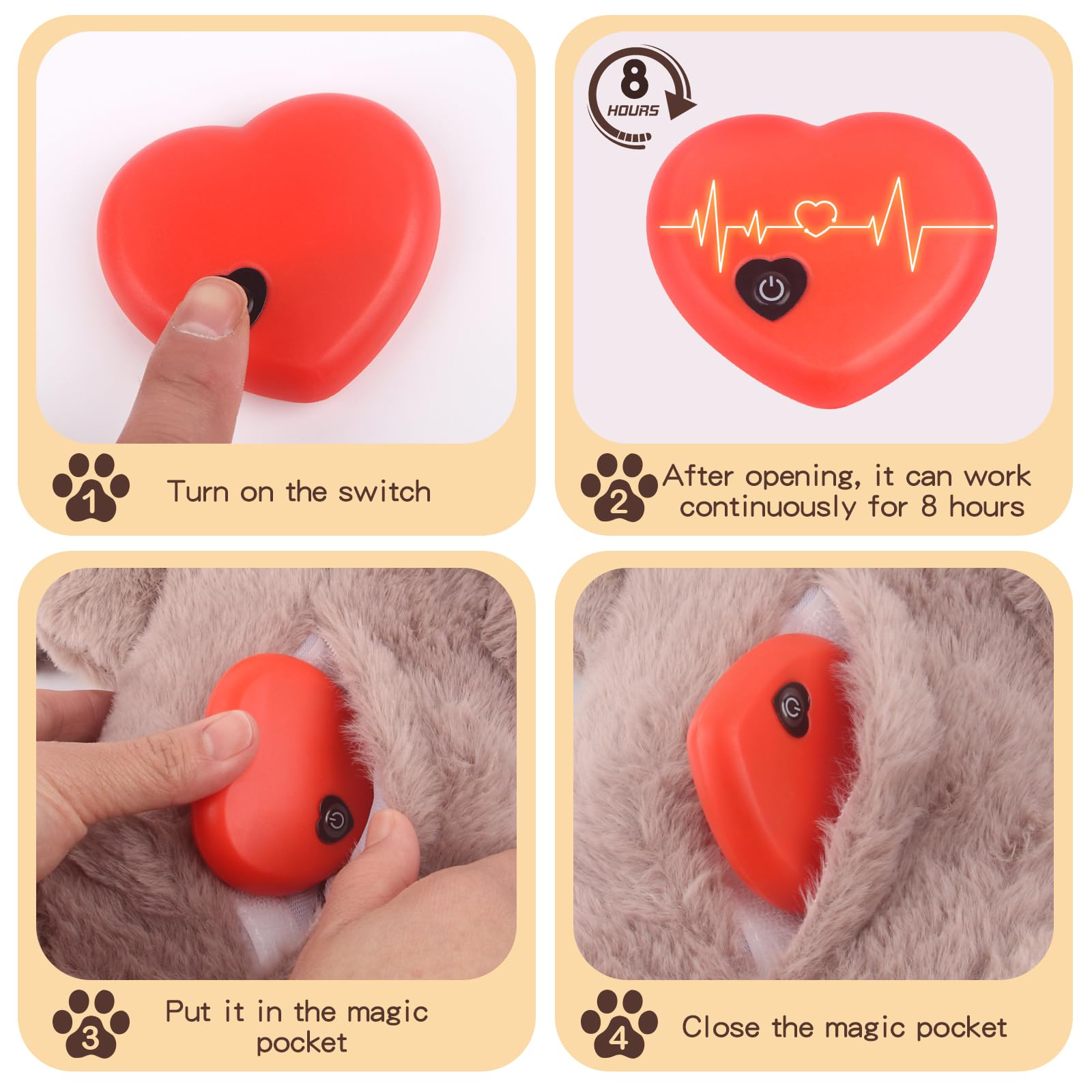 BEVERLYSHARK Heartbeat Toy activated, demonstrating soothing pulse for anxious puppies.
