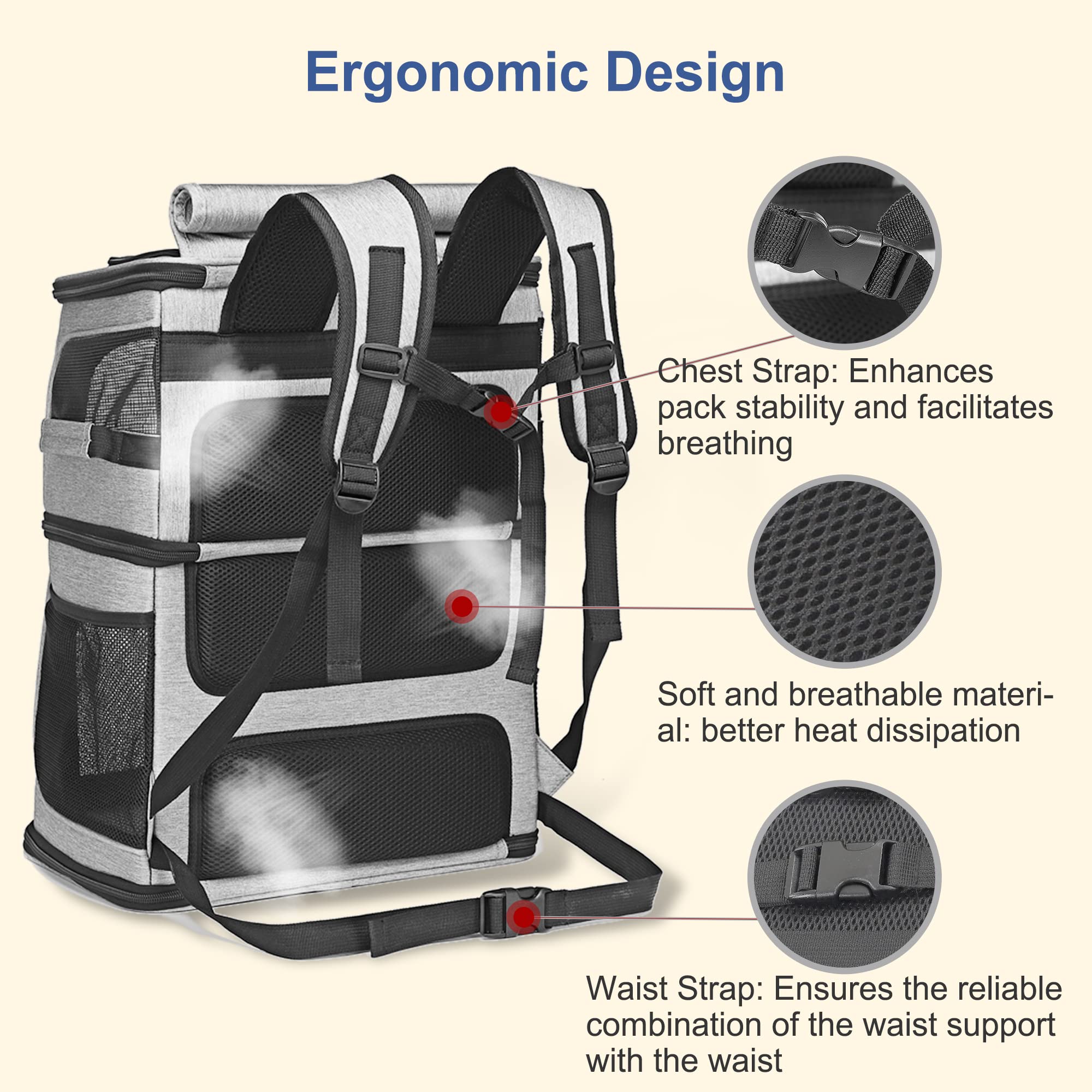 Beviliu expandable cat backpack highlighting ergonomic shoulder and waist straps for reduced fatigue.