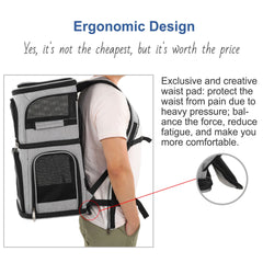 Beviliu expandable cat backpack illustrating two pets in separate spaces during travel.