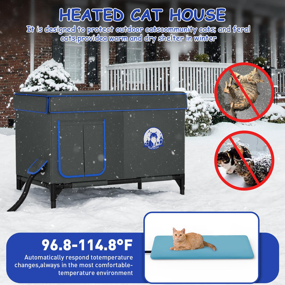 Bexmder heated cat house all-weather build resists rain and snow.