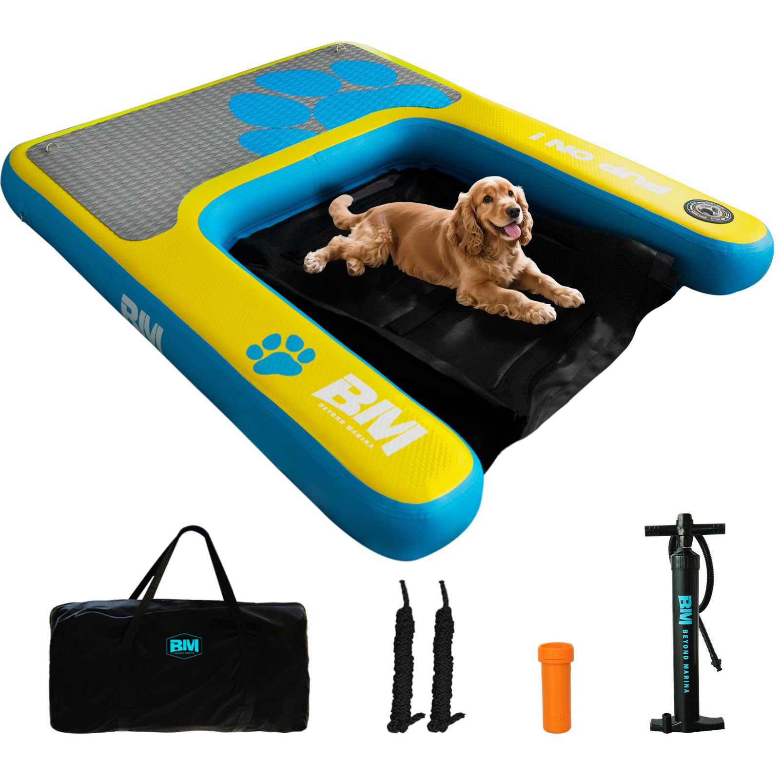 Beyond Marina Pup On inflatable ramp on a dock for easy water entry.