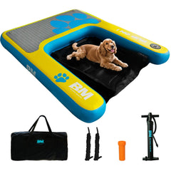 Beyond Marina Pup On inflatable ramp on a dock for easy water entry.