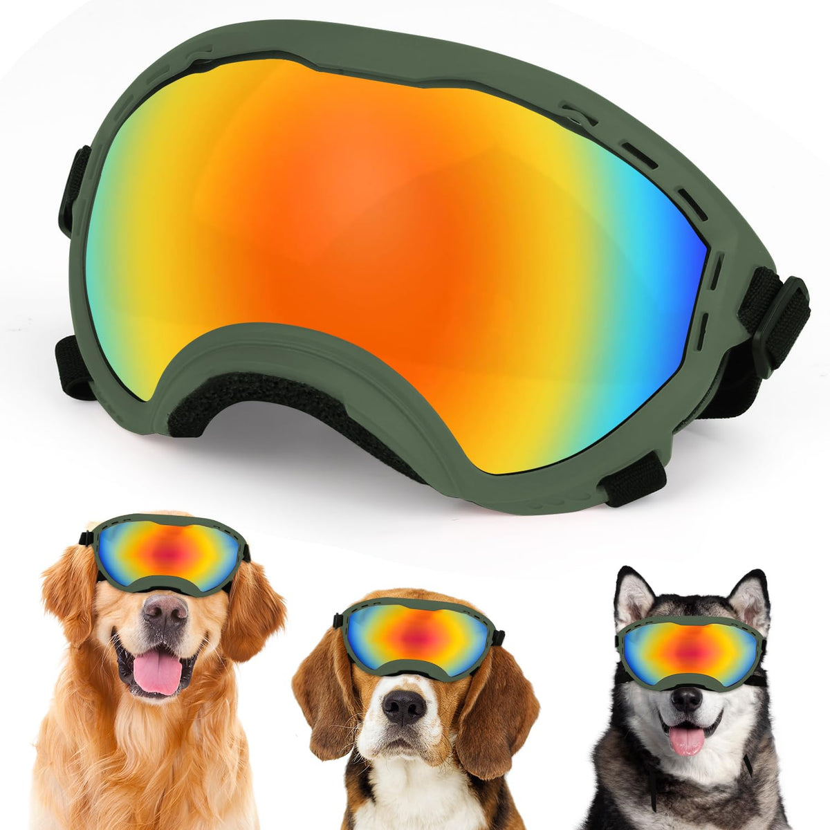 Beyoung dog goggles army green front view with UV protection for sunny walks.