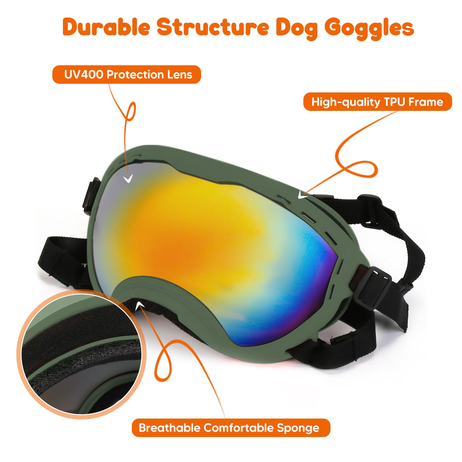 Beyoung dog goggles lens-detail highlighting UV400 protection and clear vision.