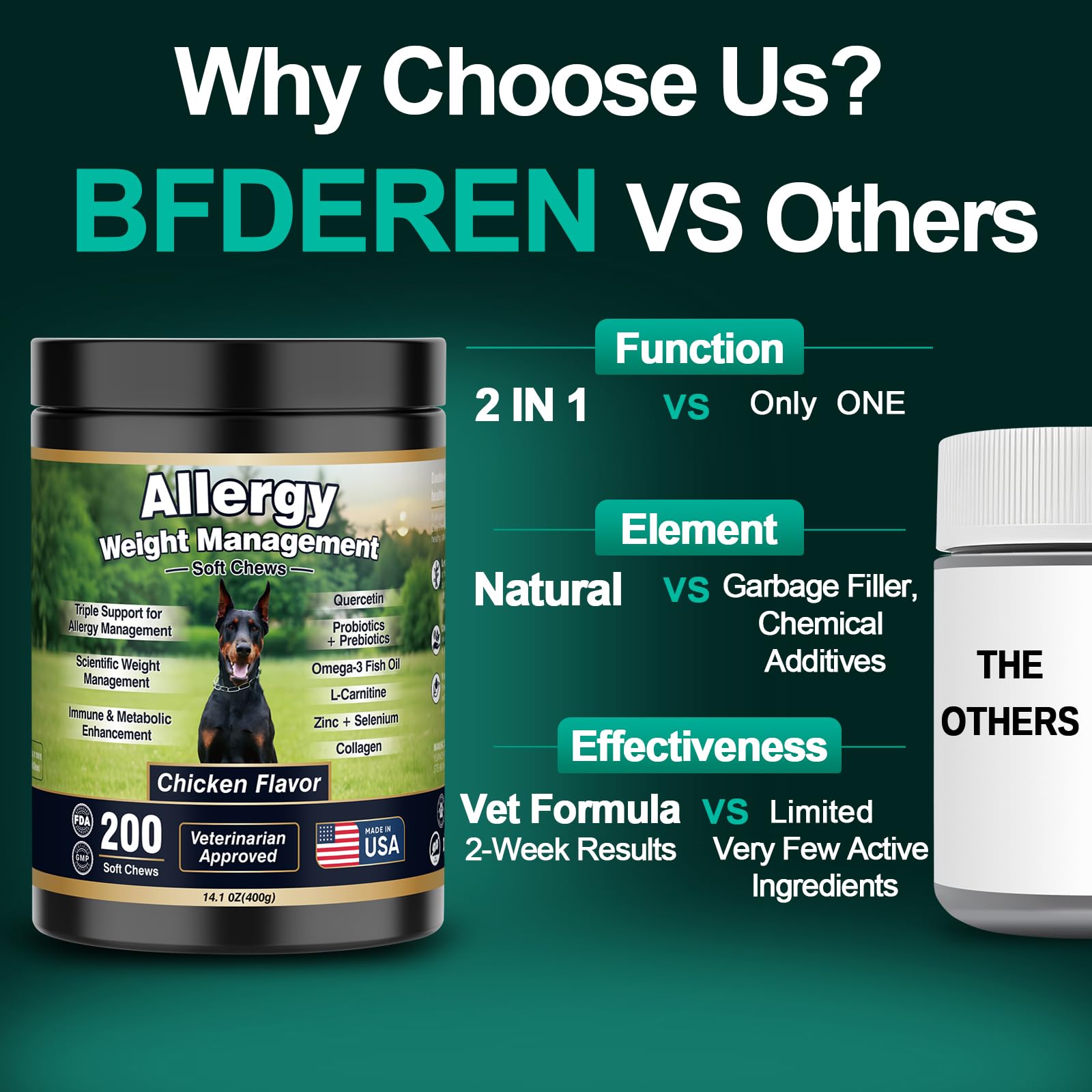 BFDEREN jar of 200 soft chews designed for all breeds.