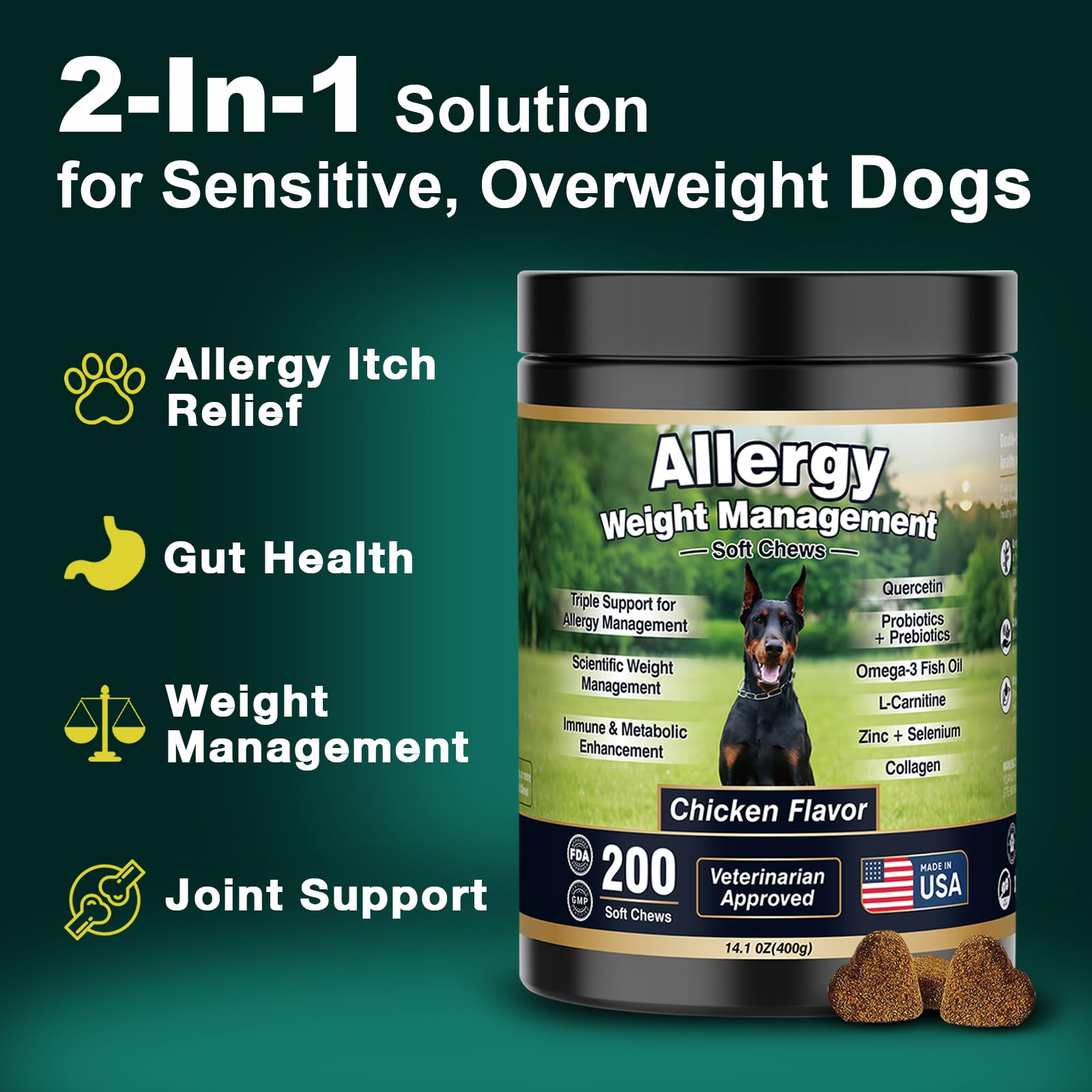 BFDEREN dog allergy chews close-up with chicken flavor for easy daily dosing.
