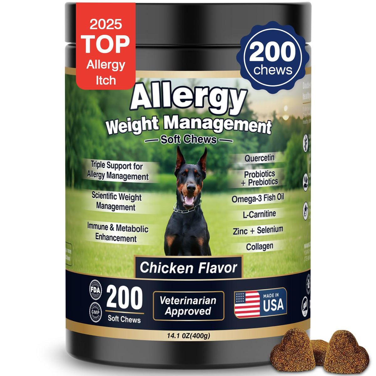 BFDEREN dog allergy relief chews packaging shows soft chews for itchy skin support.
