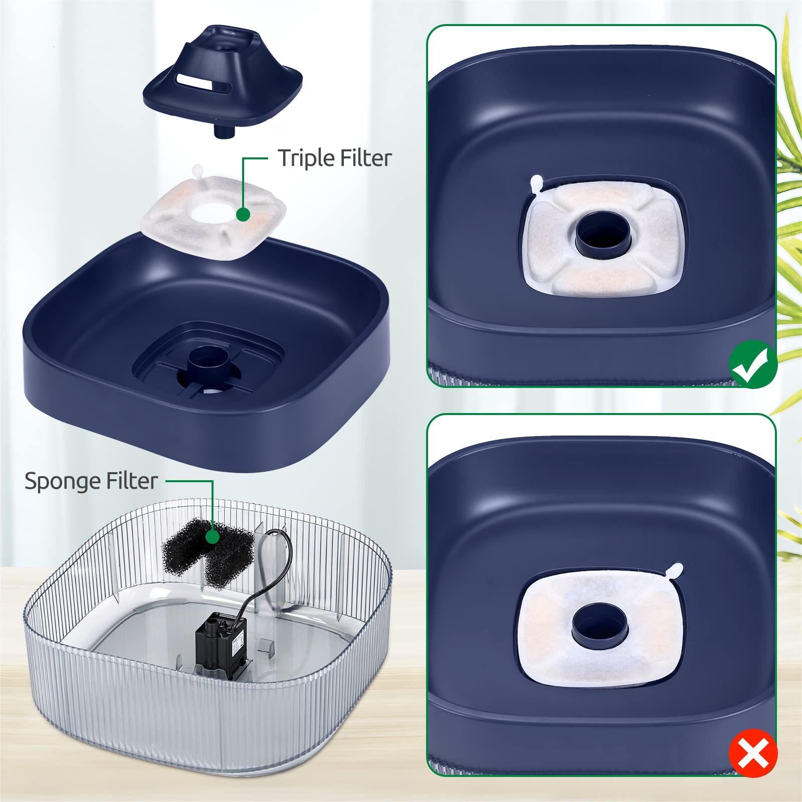 BFLICROY cat fountain filter demonstrates triple-filtration for debris and odors.