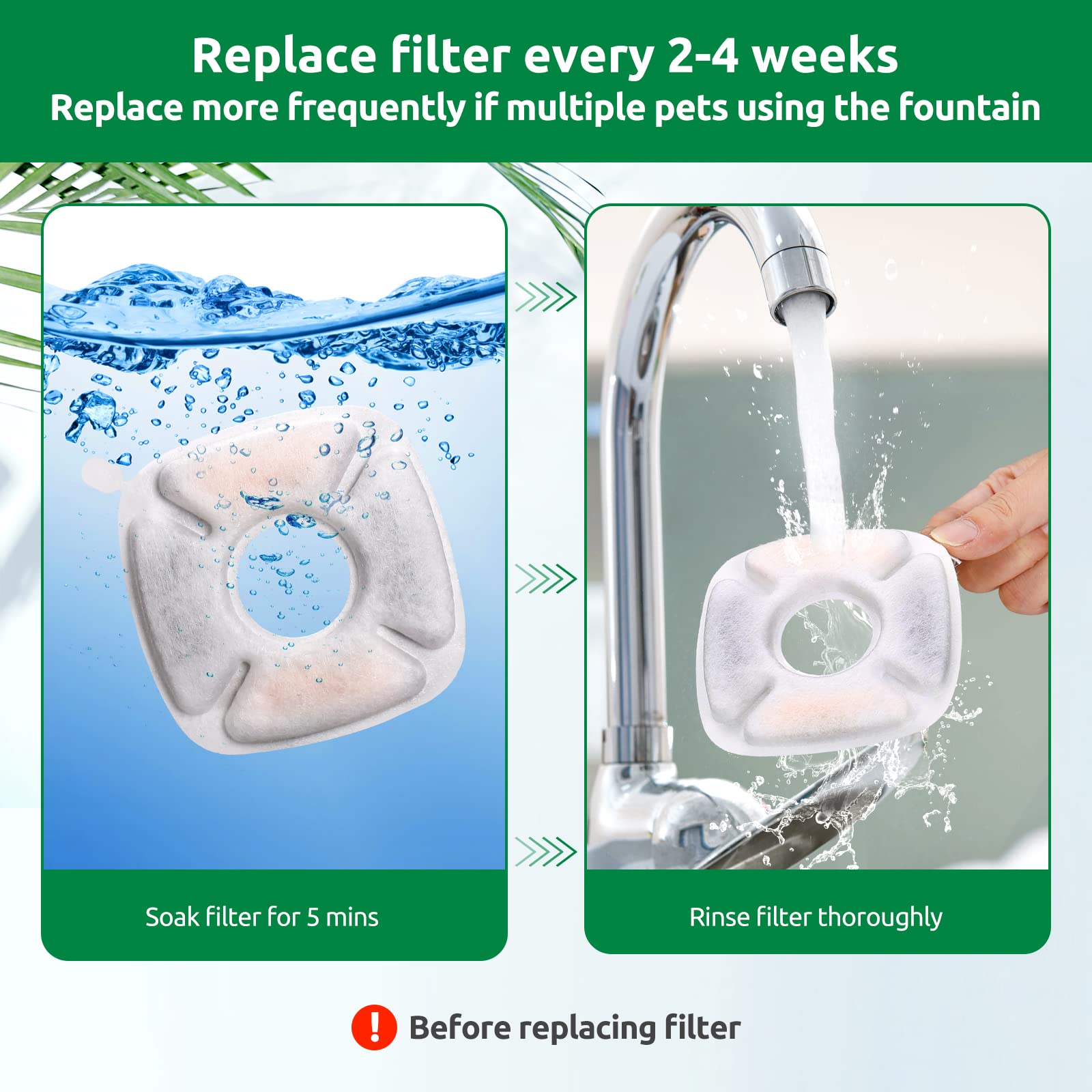 BFLICROY replacement-schedule guidance helps maintain clean water for multiple pets.