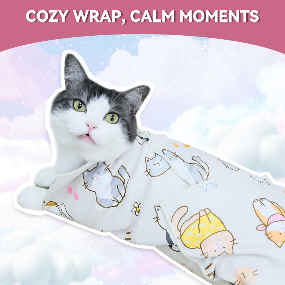 BFNN cat grooming wrap showcasing multi-use for teeth brushing and ear cleaning.
