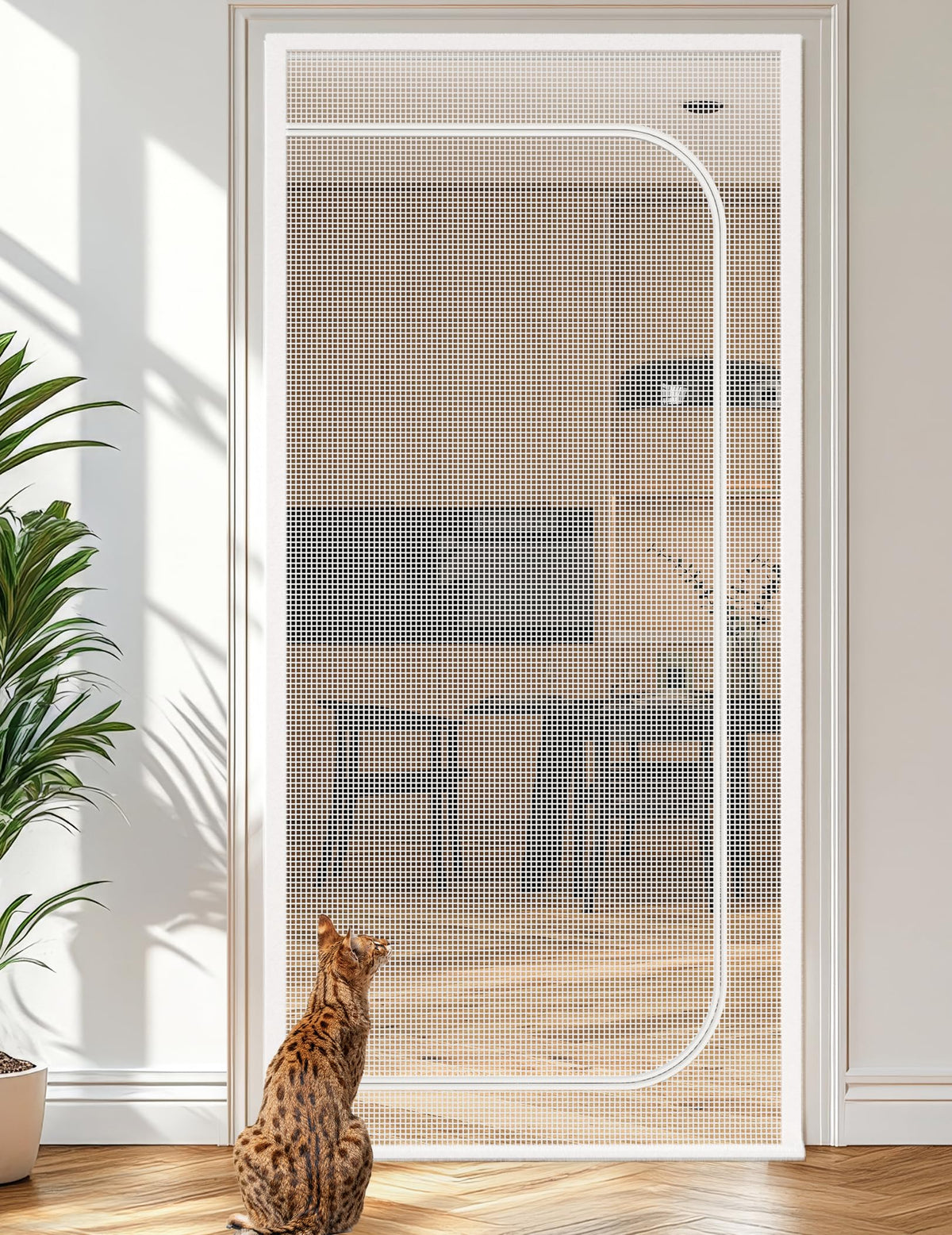 BFNN Cat Screen Door shows extra tall mesh forming a tall barrier to deter curious cats.