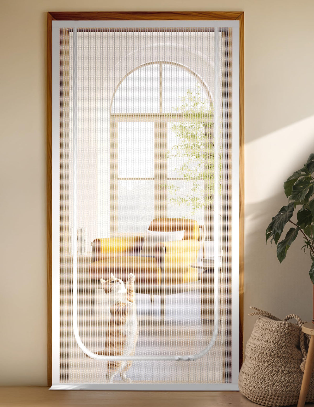 BFNN cat screen door front view in white showing a tall barrier for pets