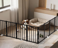 BFNN metal short dog gate freestanding setup in living room doorway