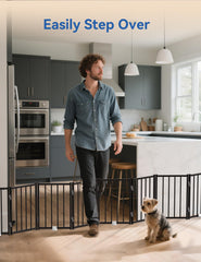 BFNN metal short dog gate demonstrates step-over design for smooth human passage