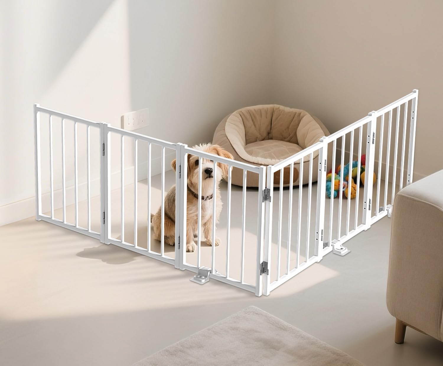 BFNN white metal dog gate enhances indoor spaces with a clean look.