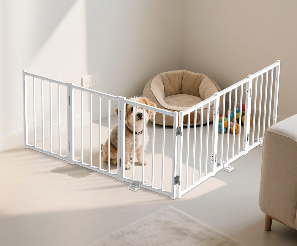 BFNN white metal dog gate enhances indoor spaces with a clean look.